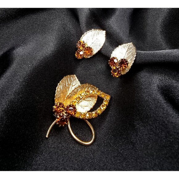Vintage Judy Lee Gold Leaf Brooch & Clip-On Earrings Set With Amber Rhinestones - Picture 2 of 5